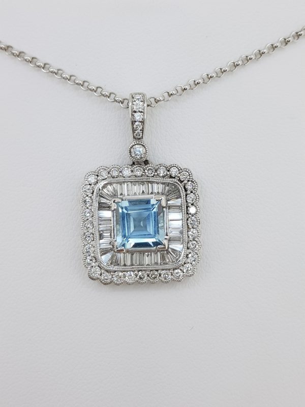Square Cut Aquamarine and Baguette Cut Diamond Pendant; 1.42ct square step-cut aquamarine surrounded by 2.50cts baguette and brilliant-cut diamonds, in 18ct white gold