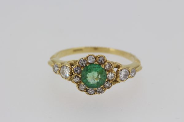 Georgian Style Emerald and Old Cut Diamond Cluster Ring in 18ct Yellow Gold