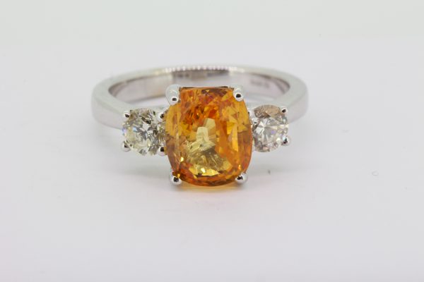 4.30ct Orange Sapphire and Diamond Three Stone Ring in 18ct White Gold