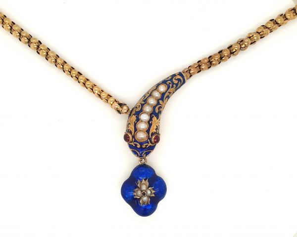 Antique blue enamel Victorian Gold snake necklace pearl 1860 coiled | Antique Jewellery