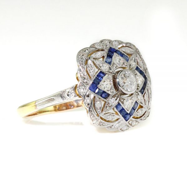 Art Deco Sapphire and Old Cut Diamond Cluster Dress Ring