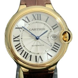 Cartier Ballon Bleu 18ct Yellow Gold 42mm Automatic; model 2998, silver guilloche dial with Roman numerals, blue steel hands, date indicator, sapphire crystal and sapphire cabochon crown, on a Cartier brown leather strap with an 18ct yellow gold Cartier deployant buckle, Year 2011, with Cartier box and papers.