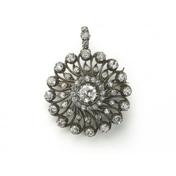 Antique Victorian Old Cut Diamond Circular Cluster Pendant Brooch, 5.50 carats, Circa 1890