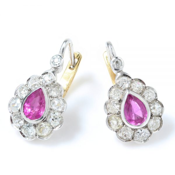 Art Deco Pink Sapphire and Old Cut Diamond Pear Shaped Drop Earrings