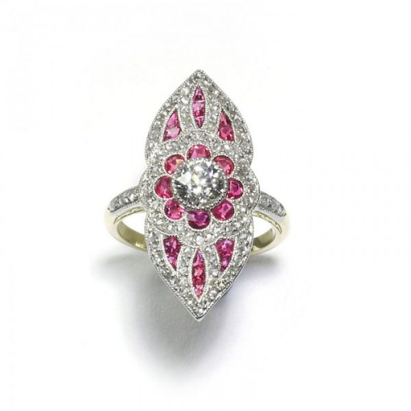 Belle Epoque Style Ruby and Diamond Cluster Plaque Ring; central 0.70ct transitional-cut diamond surrounded by half moon rubies, rose-cut diamonds and calibré-cut rubies, in 18ct yellow gold