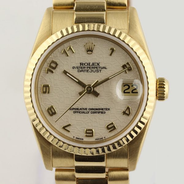Rolex Datejust 18ct Yellow Gold 682781 Midsize 31mm Automatic Watch; ivory colour Jubilee diamond with quick-set date indicator at 3, screwdown crown and sapphire crystal, on an 18ct yellow gold President bracelet, with Rolex box, Circa 1994