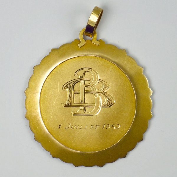 French Virgin Mary 18ct Yellow Gold Pendant by Emile Dropsy, Engraved reverse, Signed
