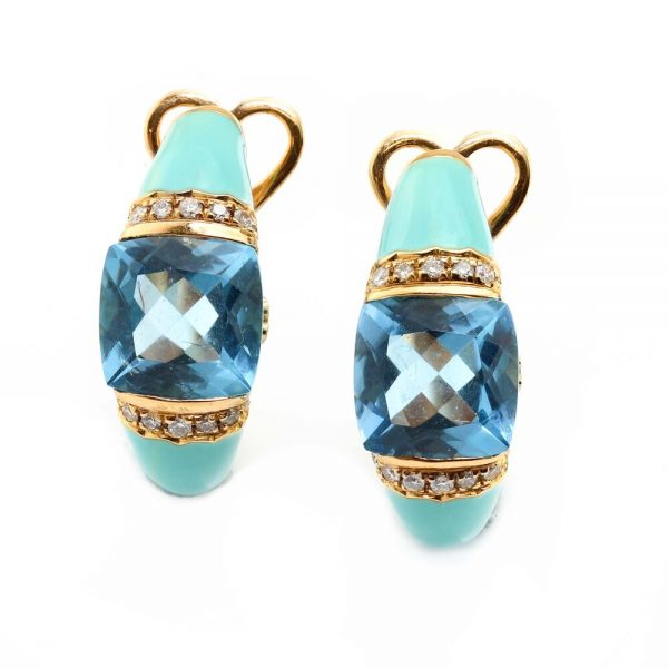 Italian Blue Enamel, Topaz and Diamond Earrings by Casato Gioielli; crafted from 18ct rose gold and decorated with 3cts blue topaz, blue enamel and 0.36cts diamonds