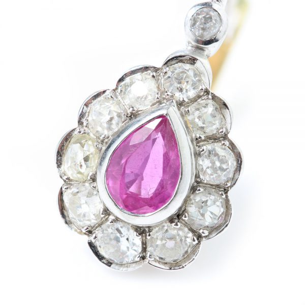 Art Deco Pink Sapphire and Old Cut Diamond Pear Shaped Drop Earrings