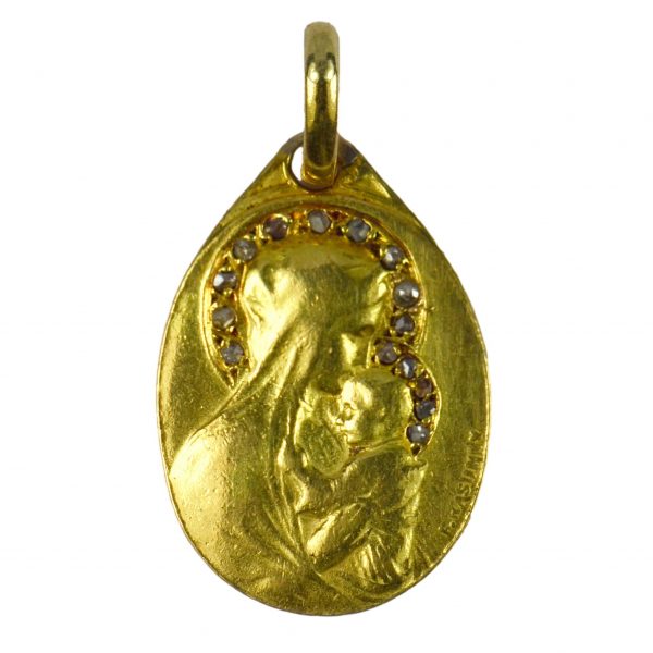 French Madonna and Child 18ct Yellow Gold Charm Pendant with Rose Cut Diamonds; one side depicts the Madonna and child with a rose cut diamond halo, the reverse a sheaf of lilies. Signed F. Rasumny