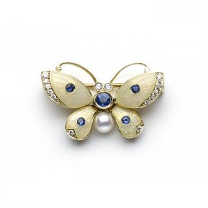 Enamel Butterfly Brooch with Pearl, Sapphires and Diamonds