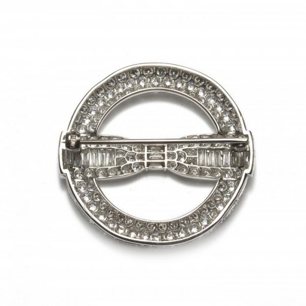 Art Deco Diamond Circle and Bow Brooch in Platinum, 6.50 carats