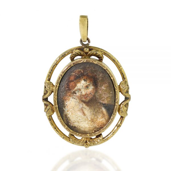 Antique Italian Gold Pendant with Oil Portrait; late 17th / early 18th century 14ct yellow gold oval decorative pendant with hand painted oil painting of a portrait of a young girl