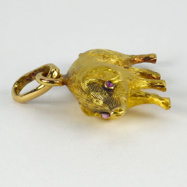 French 18ct Yellow Gold Pig Charm Pendant with Ruby Eyes