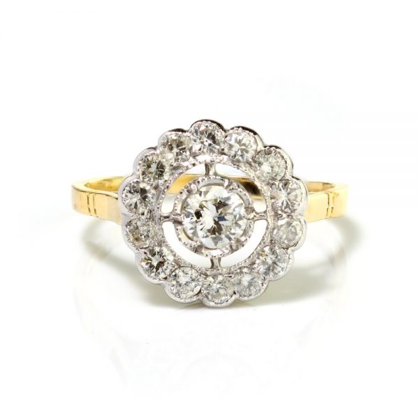 Diamond Floral Cluster Ring; 1.38 carat total, central 0.40ct G VS1 brilliant-cut diamond within diamond fixed halo surround, in 18ct yellow gold
