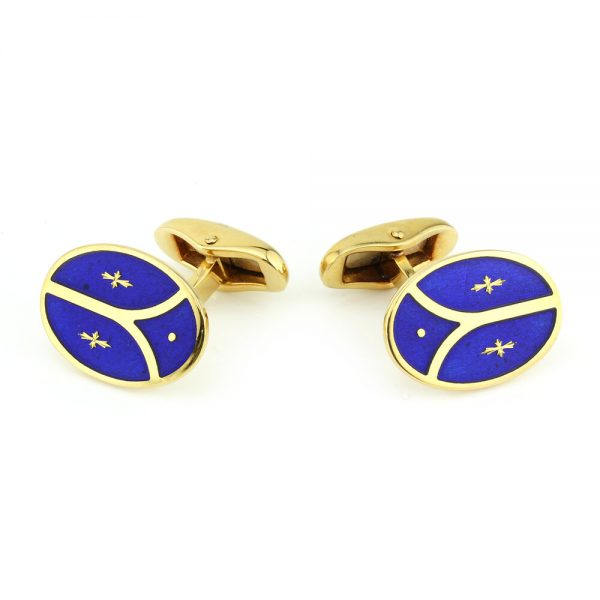 Faberge Limited Edition 18ct Yellow Gold and Blue Enamel Cufflinks, Number 46 of 300, Circa 1990s, Comes in original box with original Fabergé certificate