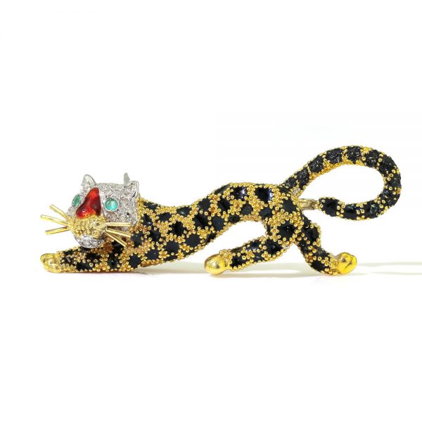 Italian Vintage Gold and Enamel Leopard Brooch; 18ct yellow gold brooch with black enamel spots, red enamel nose, emerald eyes, and diamond face. Circa 1960s by Pierino Frascarolo