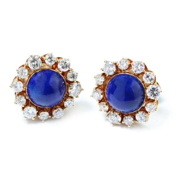 Vintage Lapis Lazuli and Diamond Cluster Day and Night Earrings; round cabochon-cut natural lapis lazuli surrounded by removeable 2.46ct diamond cluster, in 18ct yellow gold, Circa 1970s