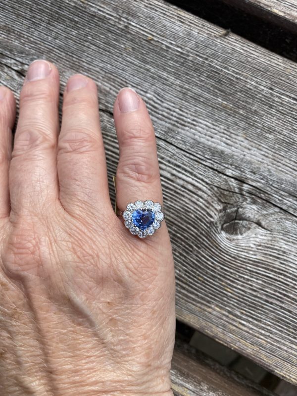Sapphire and diamond heart cluster ring