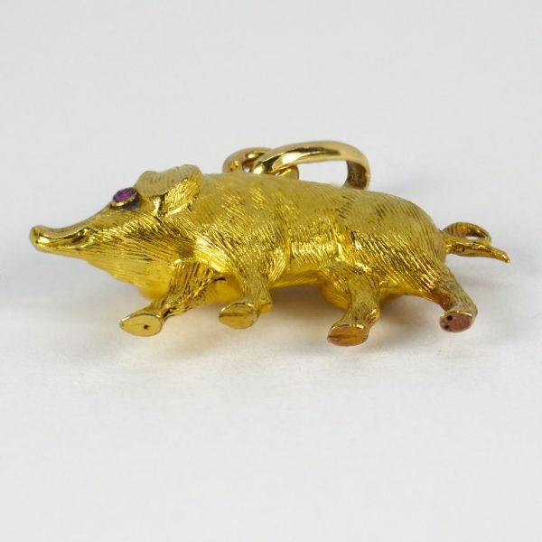 French 18ct Yellow Gold Pig Charm Pendant with Ruby Eyes