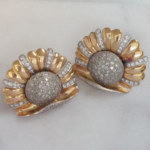 Vintage Gold and Diamond Flower Earrings, 3.00 carats, Circa 1950