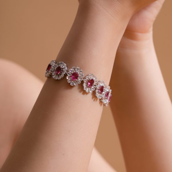 Pink Tourmaline and Rose Cut Diamond Floral Cluster Bracelet