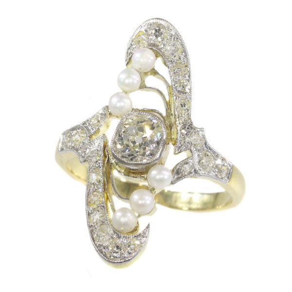 Antique Art Nouveau Diamond and Pearl Navette Cluster Ring