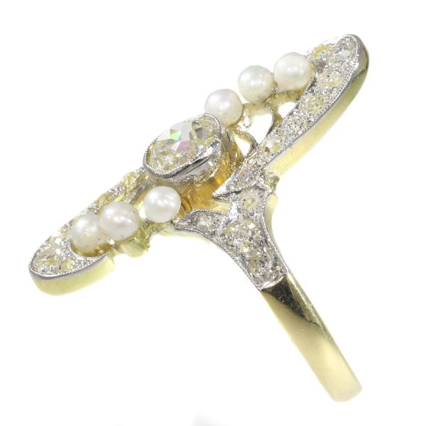 Antique Art Nouveau Diamond and Pearl Navette Cluster Ring