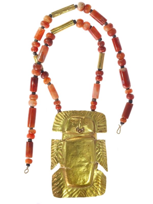 Pre-Columbian Gold Pendant with Carnelian Necklace, 1200 Years Old, gold sheet finely hammered into a bird with spread wings and tail, on carnelian beaded necklace, Circa 400 CE