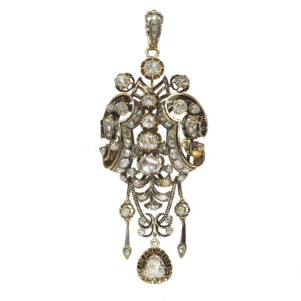 Antique Georgian Rose Cut Diamond Pendant Brooch with Black Enamel; 61 foil-backed rose-cut diamonds with black enamel accents, in 18ct yellow gold, 19th century Circa 1830