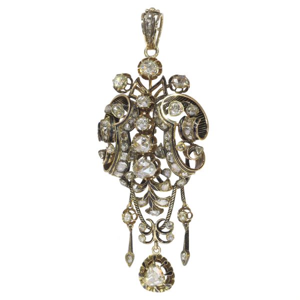 Antique Georgian Rose Cut Diamond Pendant Brooch with Black Enamel; 61 foil-backed rose-cut diamonds with black enamel accents, in 18ct yellow gold, 19th century Circa 1830