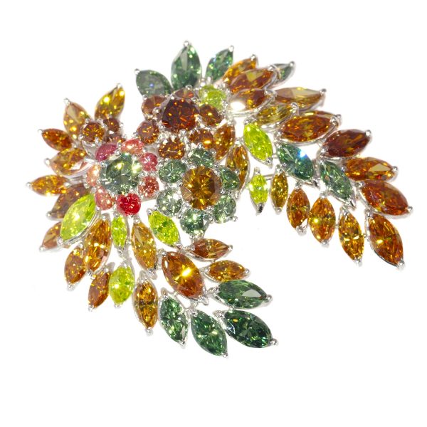 Rare Vintage 1970s Fancy Colour Diamond Spray Brooch, spectacular avant-garde brooch set entirely with 19.27 carats of fancy coloured diamonds, in 18ct white gold. Comes with nine certificates