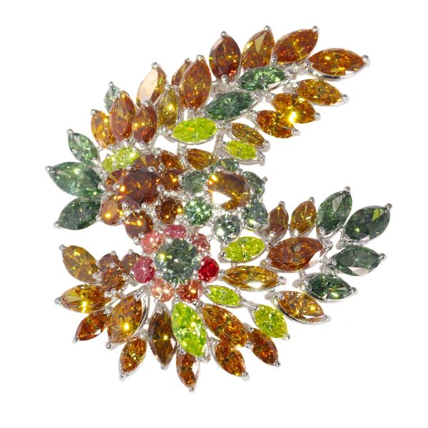 Rare Vintage 1970s Fancy Colour Diamond Spray Brooch, spectacular avant-garde brooch set entirely with 19.27 carats of fancy coloured diamonds, in 18ct white gold. Comes with nine certificates