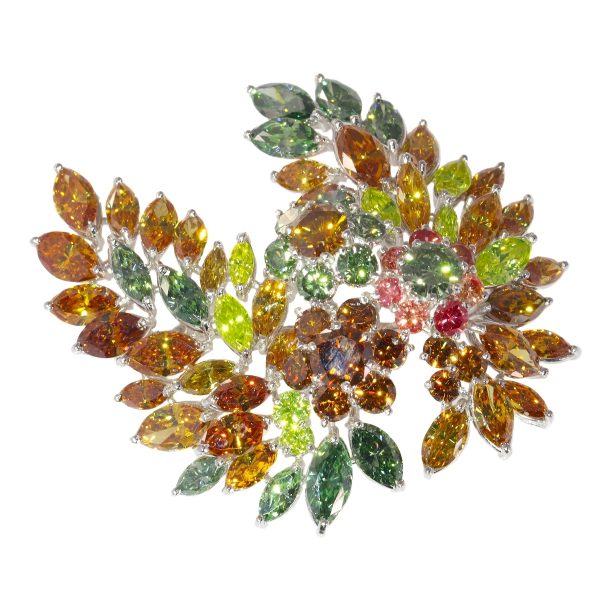 Rare Vintage 1970s Fancy Colour Diamond Spray Brooch, 19 carats with nine certificates