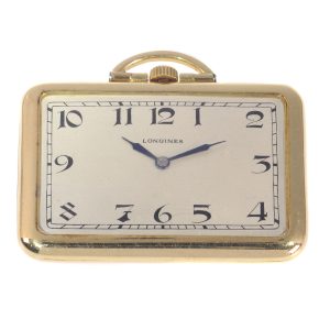 Rare Art Deco 18ct Gold Longines Pocket Watch with Fob; vintage rectangular Longines 18ct yellow gold pocket watch with matching fob. Made in Switzerland, Circa 1918