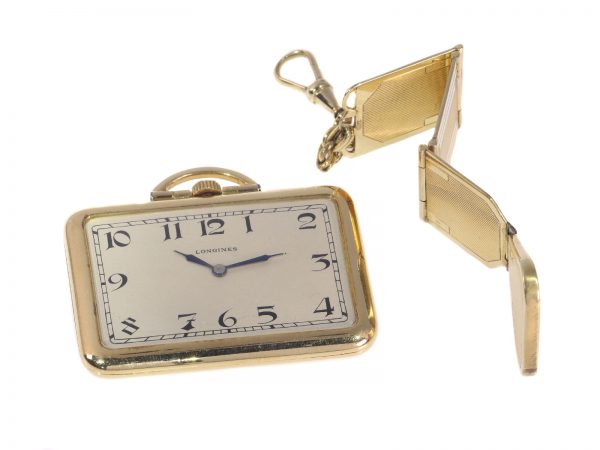 Rare Vintage Art Deco 18ct Gold Rectangular Longines Pocket Watch with Matching Fob, Circa 1918