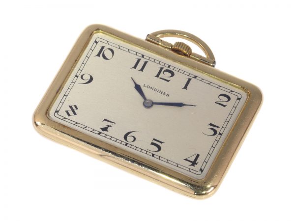 Rare Vintage Art Deco 18ct Gold Rectangular Longines Pocket Watch with Matching Fob, Circa 1918