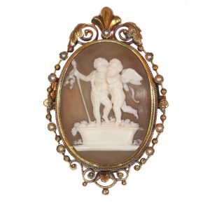 Victorian Cameo Locket Pendant Brooch depicting Cupid and Bacchus Stomping Grapes, After Thorvaldsen, within ornate 18ct yellow gold frame decorated with nine natural half seed pearls, Circa 1880