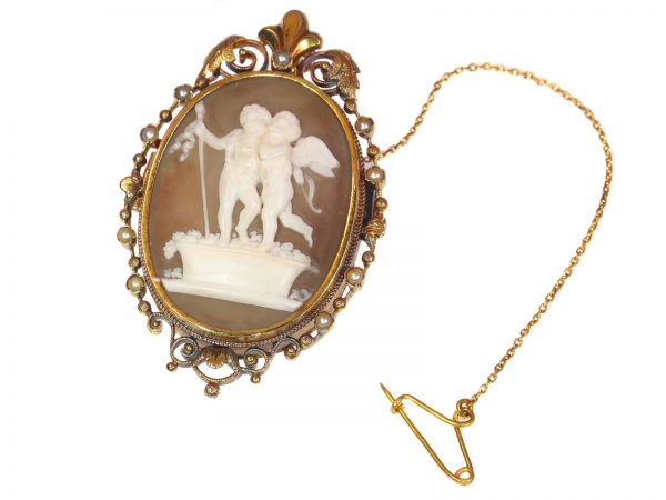 Victorian Cameo Locket Pendant Brooch depicting Cupid and Bacchus Stomping Grapes, Circa 1880