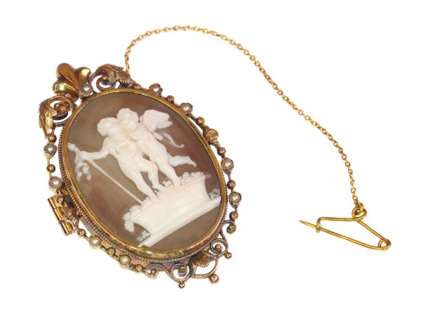 Victorian Cameo Locket Pendant Brooch depicting Cupid and Bacchus, Circa 1880