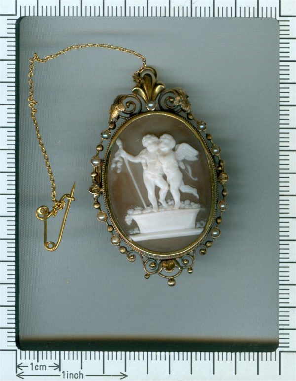 Victorian Cameo Locket Pendant Brooch depicting Cupid and Bacchus, Circa 1880