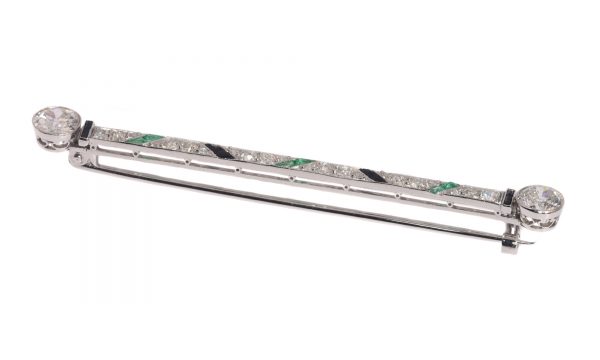 Art Deco Platinum Diamond Bar Brooch with Onyx and Emeralds