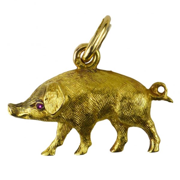 French 18ct Yellow Gold Pig Charm Pendant with Ruby Eye; realistically designed as three-dimensional pig accented with rose-cut ruby eyes