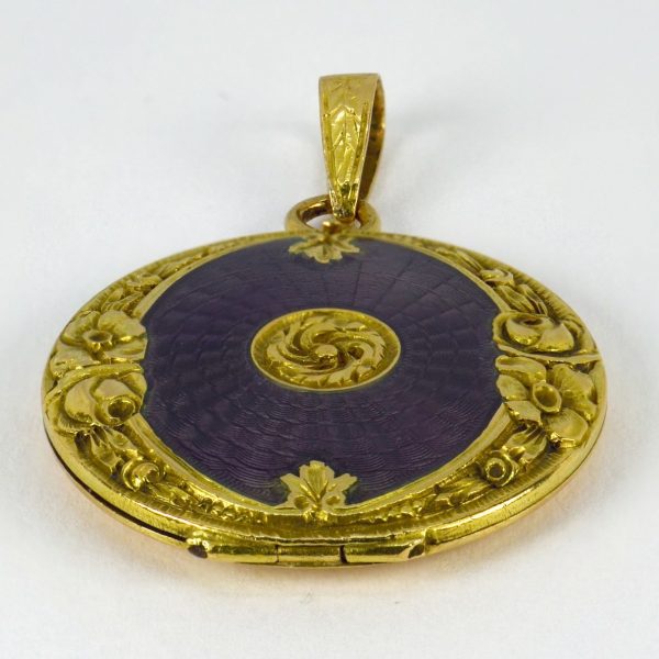 Purple Enamel and 18ct Yellow Gold Locket Pendant; unique 18ct gold pendant locket decorated with purple guilloche enamel and floral frame