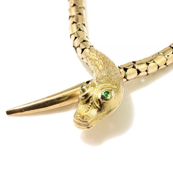Antique Victorian Gold Snake Necklace with Green Tourmaline Eyes, Circa 1860s