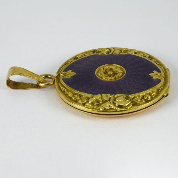 Purple Enamel and 18ct Yellow Gold Locket Pendant; unique 18ct gold pendant locket decorated with purple guilloche enamel and floral frame