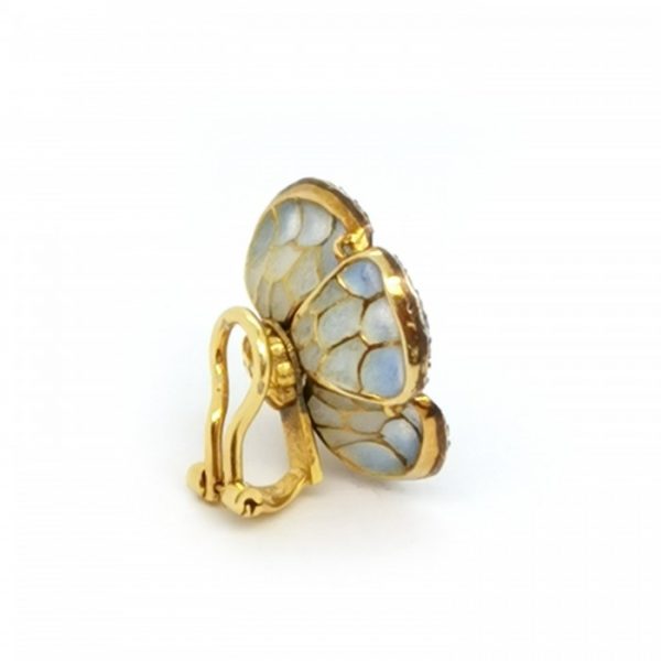 Pale Blue Plique a Jour Enamel and Diamond Flower Earrings