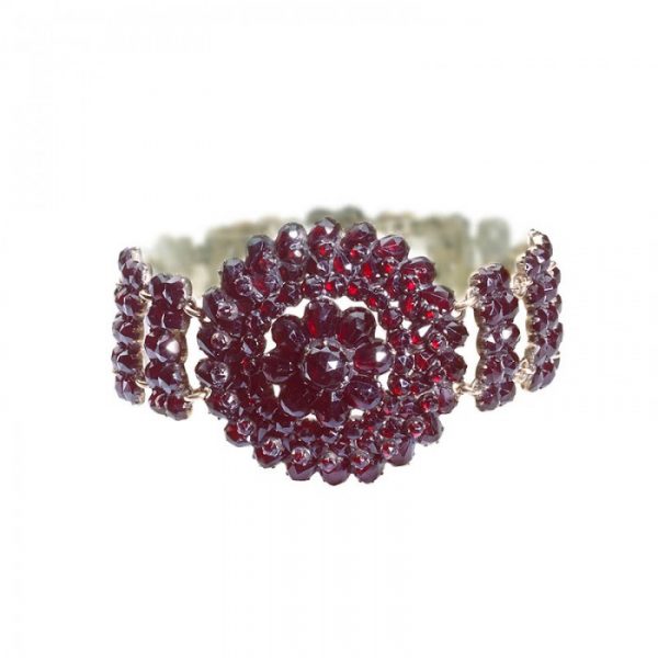 Antique Bohemian Garnet Bracelet; central rose-cut garnet circular cluster of garnets with rose-cut garnet set bracelet, mounted in silver gilt, Circa 1900
