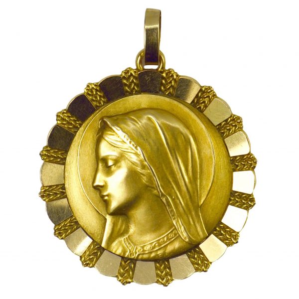 French Virgin Mary 18ct Yellow Gold Pendant by Emile Dropsy; designed as a medal depicting the Virgin Mary with a sunburst pattern surround, Engraved reverse, Signed
