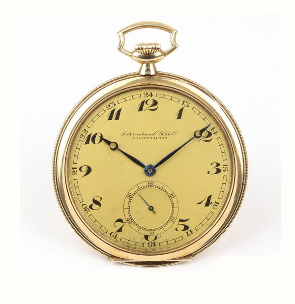 IWC Vintage 14ct Yellow Gold Manual Pocket Watch, gold colour dial with Arabic numerals, blued steel hands and small seconds at 6, Circa 1940s